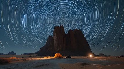 Whispers of Time: Desert Night - Star Trails Spin As a Tent Stands Watch - obrazy, fototapety, plakaty