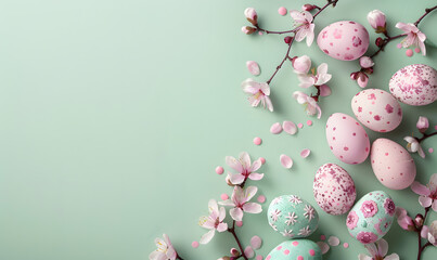 Fototapeta na wymiar Easter background with eggs in pastel pink colors with spring pink flowers on a light green background, Generative AI