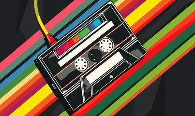 Colorful Cassette Tape with Vibrant Colors and a Yellow Cord Generative AI - obrazy, fototapety, plakaty