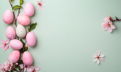 Fototapeta na wymiar Easter background with eggs in pastel pink colors with spring pink flowers on a light green background, Generative AI