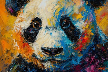Illustration of oil acrylic painting of a playful panda, Generative ai.