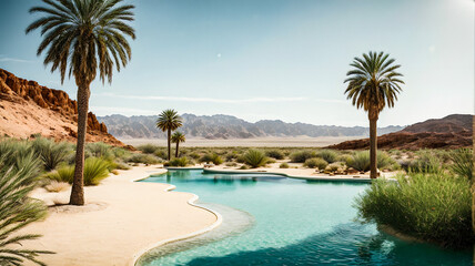 Fototapeta premium Private pool with sand and palm trees