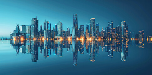 A panoramic view of a city skyline at dusk, featuring illuminated skyscrapers reflected in the water, highlighting the urban architecture of Miami and Vancouver against a vibrant sky