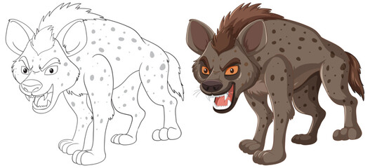Vector illustration of a hyena, showing sketch and final colored version.