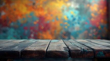 Closeup of Weathered Wooden Table Surface with Abstract Blurred Graffiti-Inspired Studio...