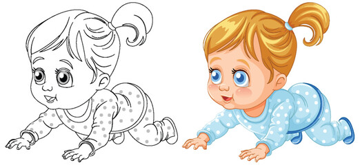 Black and white and colored baby crawling images.
