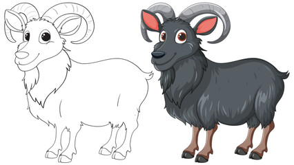 Vector illustration of a ram, black and white to color