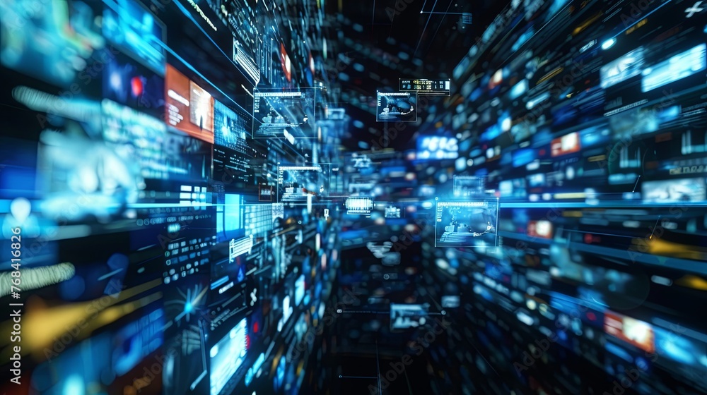 Poster a high-speed data stream visualization with motion blur, depicting the flow of information in a digi