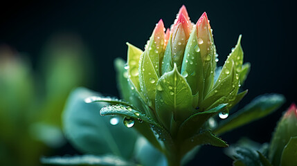 A closer look at the texture of a flower bud, its vibrant green hue enhanced by dewdrops