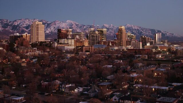 Salt Lake City Skyline at Dusk During Winter
