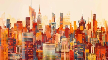 From a distance a city skyline dotted with tall buildings each with a different splash of color on their facades. The warm tones of red orange and yellow give a sense of vibrancy