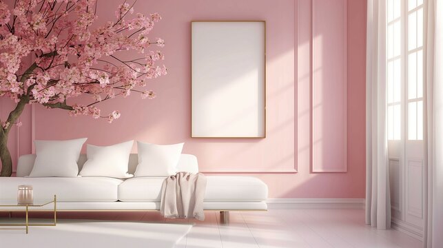Mockup frame. Cherry blossom wood interior. Home interior. 3d render
