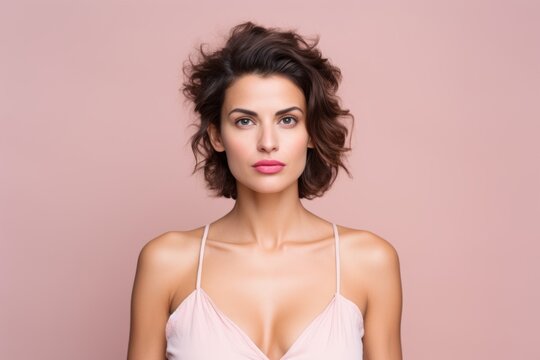 Portrait of a beautiful young brunette woman. Studio shot on a pink background.