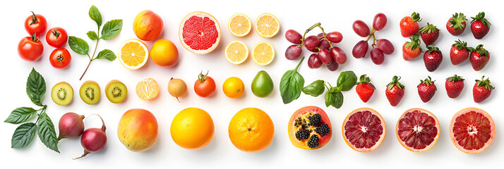 Wide collage of fresh fruits and vegetables for layout isolated on white background.  .generative ai 