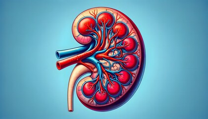 human kidney cross-section, showing the renal artery and vein, as well as the complex internal structure of the nephrons and collecting ducts. 3d illustration. - obrazy, fototapety, plakaty