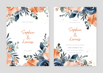 Blue and peach rose wedding invitation card template with flower and floral watercolor texture vector