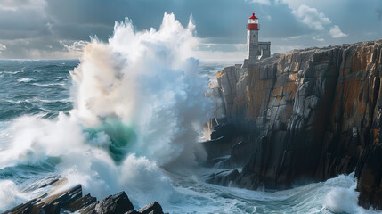A red-capped lighthouse stands firm on a rugged cliff as monstrous waves crash against the rocks, highlighted by the bright light of morning - obrazy, fototapety, plakaty