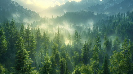 Majestic forest landscape with tall trees and misty mountains in the background. Created with Ai - obrazy, fototapety, plakaty