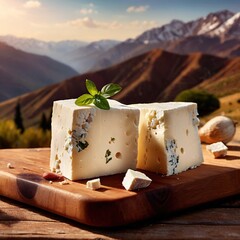 Fresh artesenal organic feta cheese in outdoor mountain background - obrazy, fototapety, plakaty