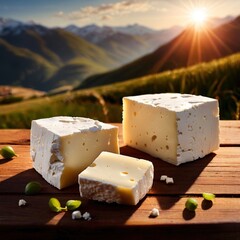 Fresh artesenal organic feta cheese in outdoor mountain background