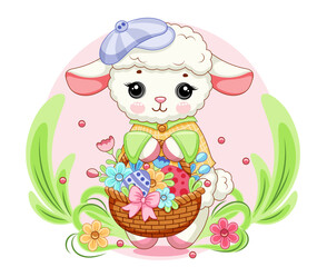 Easter sheep lamb in purple cap with basket of flowers against a backdrop of green grass. Clipart for greeting card, poster, postcard, birthday, easter. Vector illustration. 