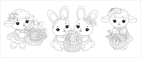 Cute animals set. Easter bunny and sheep with a basket. Hand drawn black and white outline drawing for coloring book. Isolated design element. Vector illustration.