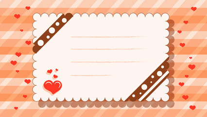 Postcard with heart and ribbon border in shape of a postage stamp on checkered background. Blank space for text. Template greeting card, invitation, banner, social media post. Vector illustration