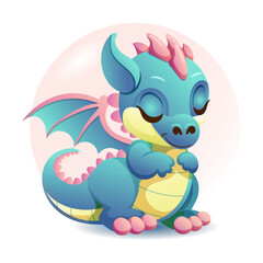 Handdrawn green blue cute baby dinosaur cartoon dino or baby dragon with wings dreaming with his eyes closed on white background. Isolated design element. Vector illustration