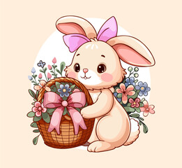 Cute Easter bunny with a basket of flowers and  pink bow. Cartoon drawing for greeting card, poster, postcard, birthday, easter. Vector illustration. 