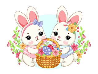 Two Easter bunny rabbits with a basket of flowers and eggs against the green grass. Cartoon drawing for greeting card, poster, postcard, birthday, easter. Vector illustration. 