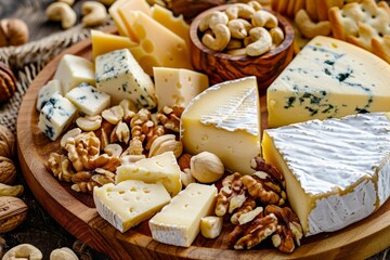 A wooden plate is filled with a variety of cheeses and nuts arranged in a visually appealing display