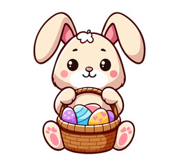 Easter bunny rabbit with basket of easter eggs. Sticker design greeting card, postcard, easter. Isolated design element on white background. Vector illustration. 