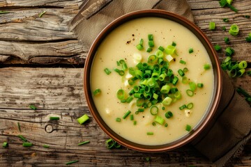 A bowl filled with creamy soup topped with fresh green onions and scallions