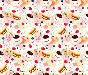 Seamless pattern of pastry and drink items. Coffee cup, donut, eclair and strawberry on white background. Design wallpaper, packaging, wrapping paper, textiles, fabric, menu, birthday party, bakery.