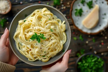 A person holding a bowl of pasta topped with parsley