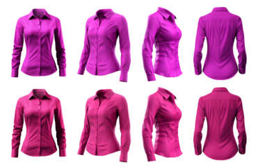 2 Set of woman magenta purple pink button up long sleeve collar slim fitting shirt front, back side view on transparent background cutout, PNG file. Mockup template for artwork graphic design