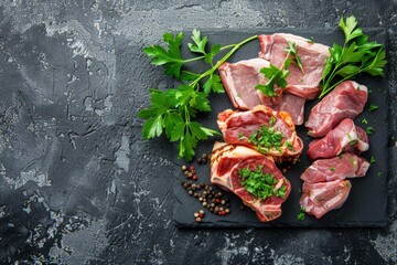 Assorted raw meat cuts displayed on a slate board, garnished with vibrant parsley sprigs