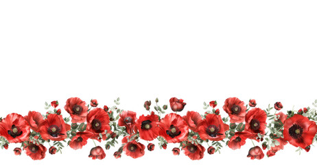 Anzac Day memorial celebrations. Remembrance day card, banner. Vibrant red poppies on blank white background. Template, space for text.	