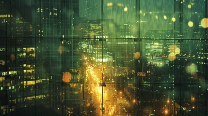 In an urban setting the reflection of street lights and buildings can be seen through a highrise window creating a dreamy and ethereal atmosphere.