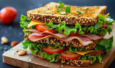 Tasty sandwich with ham or bacon cheese tomatoes lettuce and grain bread delicious club sandwich, Generative AI