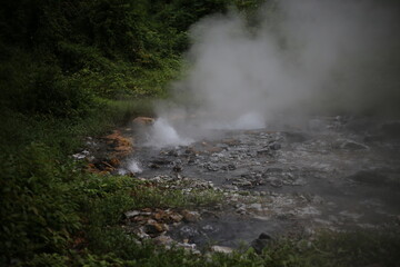 Selective focus: A natural hot spring in a mountain forest in winter with steam from the heat. There is space for text.