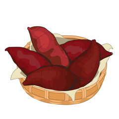 Isolated Yaki Imo, whole sweet potato in the bamboo basket on white background. Food ingredients vector illustration. Close up authentic Yaki Imo vector drawing. Authentic anime food. organic food