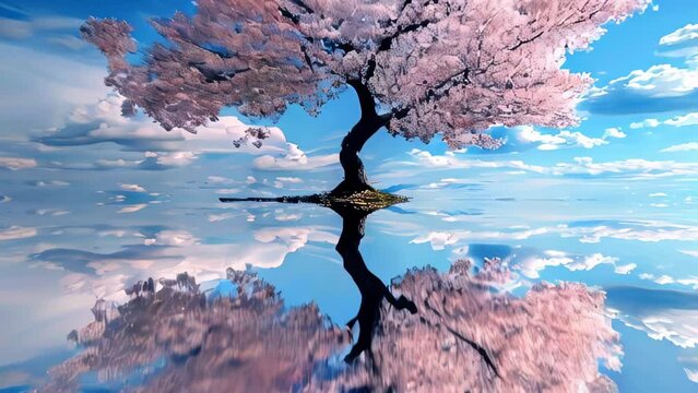 Mirrored on the crystal-clear water stands a solitary cherry blossom tree in full bloom. 