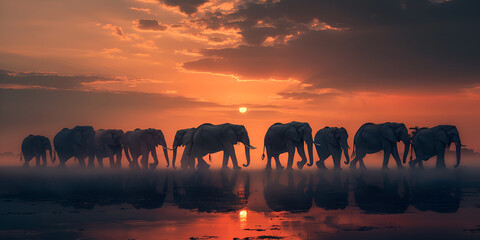 Fototapeta na wymiar Silhouette of a group of elephants a herd of elephants walking through a puddle of water.AI Generative 