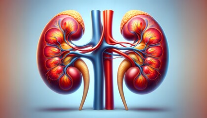 anatomically stylized illustration of human kidneys against a soft blue background, emphasizing the organ’s structure and vasculature with vibrant colors. 3d illustration.