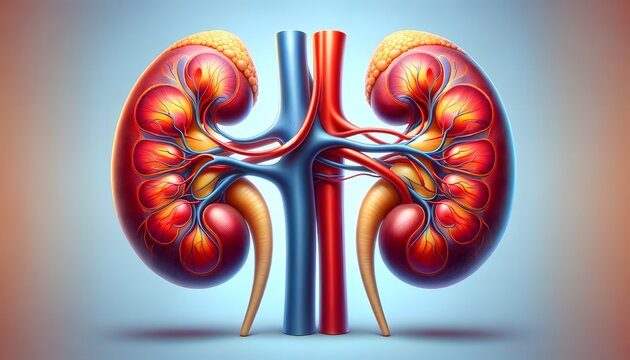 anatomically stylized illustration of human kidneys against a soft blue background, emphasizing the organ&rsquo;s structure and vasculature with vibrant colors. 3d illustration.