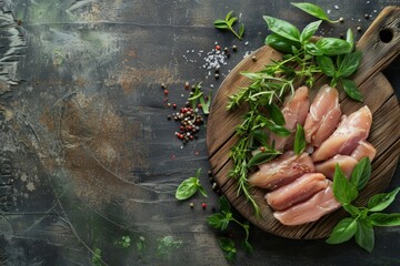 Fresh raw fish fillets laid out on a wooden cutting board, surrounded by assorted herbs and spices - obrazy, fototapety, plakaty