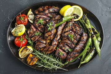 A plate filled with grilled steaks and assorted vegetables, beautifully arranged for a delicious meal - Powered by Adobe