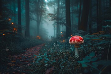 Fall Foliage: A Red Mushroom in a Forest Generative AI - obrazy, fototapety, plakaty