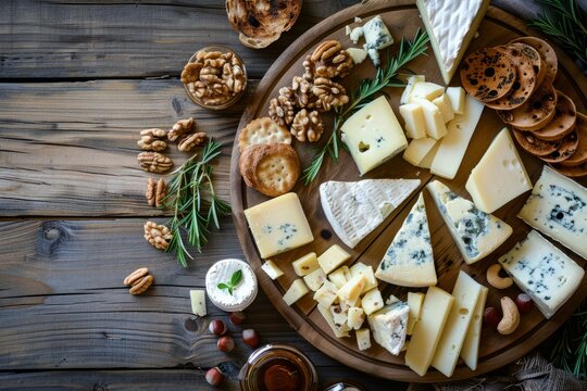 A platter of assorted cheeses and crackers arranged on a wooden table